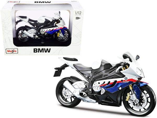 Maisto 1:12 BMW S 1000 RR in white with blue and red stripes, with plastic display stand.