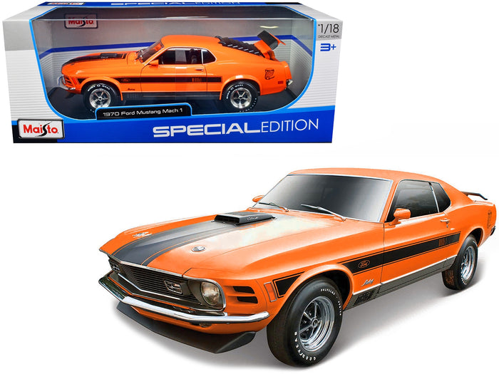 Maisto 1:18 1970 Ford Mustang Mach 1 428 Twister Special in orange with black stripes.