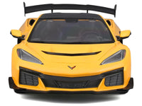 Yellow Chevrolet Corvette ZR1 coupe with dark roof, unboxed front view, Maisto 1:18.