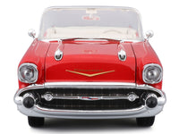 Red 1957 Chevrolet Bel Air convertible with white interior, unboxed front view, Maisto 1:18.