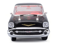 Black 1957 Chevrolet Bel Air coupe with red interior, unboxed front view, Maisto 1:18.