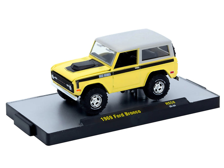 1969 Ford Bronco Yellow with Black Stripes and Gray Top Limited Edition to 6380 pieces Worldwide 1/64 Diecast Model Car by M2 Machines image 2