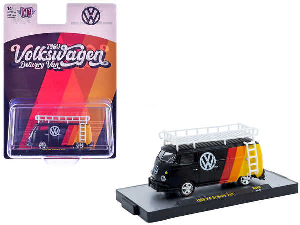 1960 Volkswagen Delivery Van Black with Stripes and White Roof Rack Limited Edition to 5280 pieces Worldwide 1/64 Diecast Model Car by M2 Machines