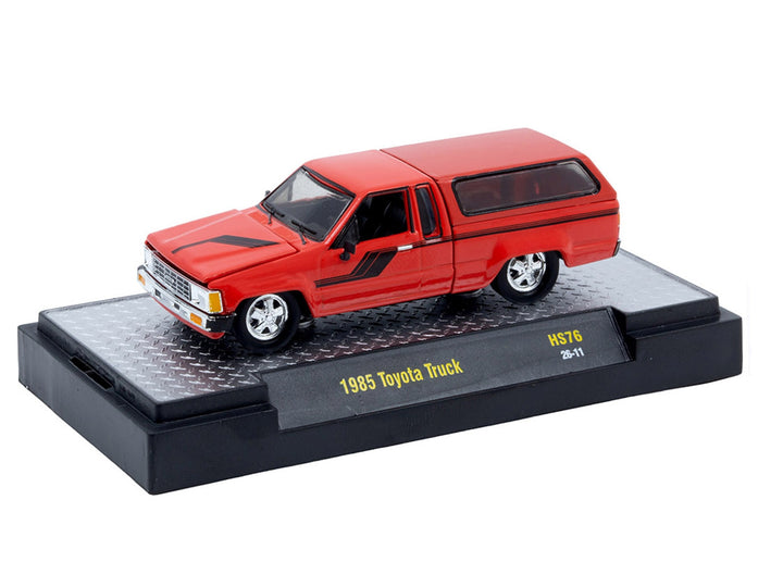 1985 Toyota SR5 Pickup Truck with Camper Shell Red with Black Stripes Limited Edition to 19844 pieces Worldwide 1/64 Diecast Model Car by M2 Machines image 2