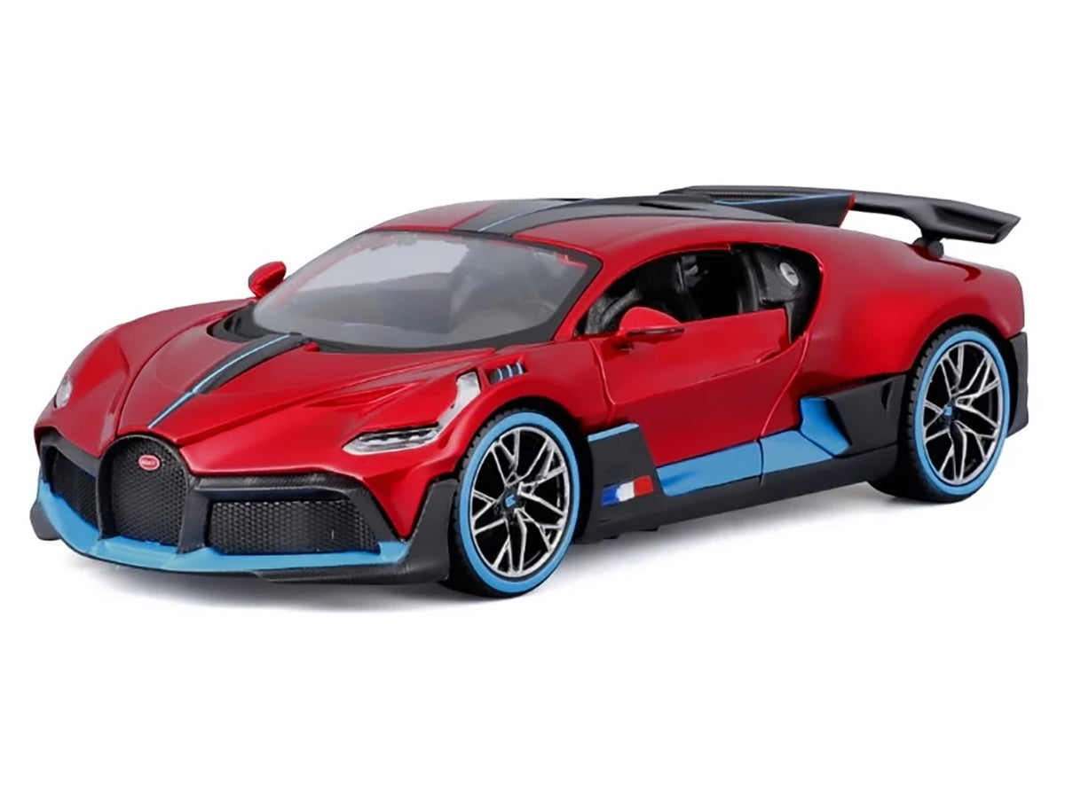 Red metallic Bugatti Divo with dark body details and blue accents, unboxed front three-quarter view, Maisto 1:24.
