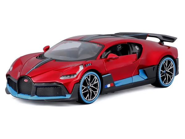 Red metallic Bugatti Divo with dark body details and blue accents, unboxed front three-quarter view, Maisto 1:24.