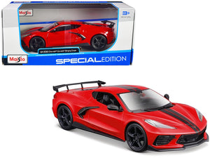 Maisto 1:24 2020 Chevrolet Corvette Stingray coupe in red with black stripes.