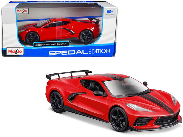 Maisto 1:24 2020 Chevrolet Corvette Stingray coupe in red with black stripes.