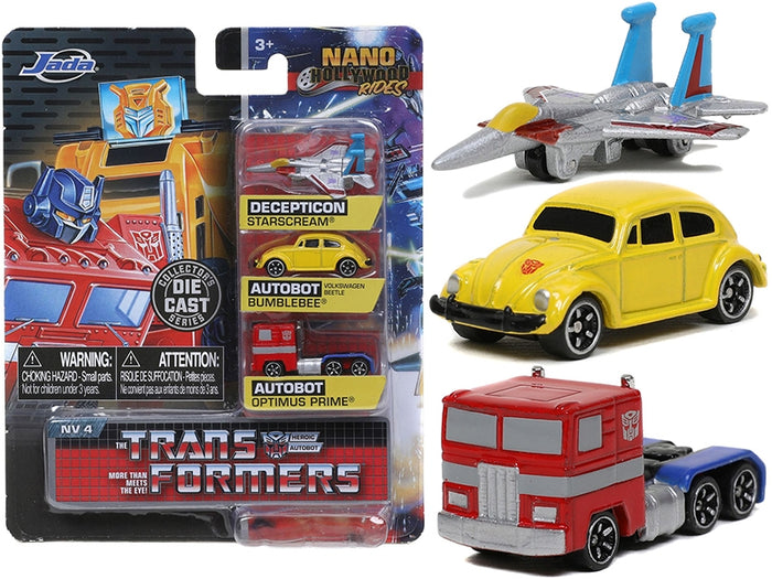 Jada 31761 Transformers Nano Hollywood Rides Release 2 set with Starscream jet, yellow Bumblebee Beetle and Optimus Prime truck; card shown.