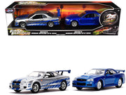 Brian's Nissan Skyline GT-R (BNR34) Silver with Blue Stripes and Nissan GT-R (BNR34) Blue Metallic Set of 2 pieces "25 Years of Fast & Furious" Series 1/32 Diecast Model Cars by Jada