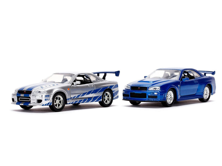 Brian's Nissan Skyline GT-R (BNR34) Silver with Blue Stripes and Nissan GT-R (BNR34) Blue Metallic Set of 2 pieces "25 Years of Fast & Furious" Series 1/32 Diecast Model Cars by Jada image 2