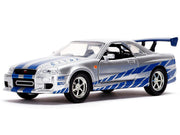 Brian's Nissan Skyline GT-R (BNR34) Silver with Blue Stripes and Nissan GT-R (BNR34) Blue Metallic Set of 2 pieces "25 Years of Fast & Furious" Series 1/32 Diecast Model Cars by Jada image 3