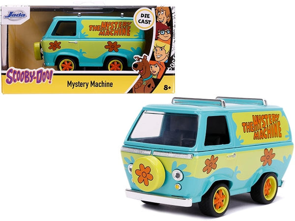 Turquoise and green Scooby-Doo Mystery Machine with orange flowers and yellow wheels, beside Jada 32040 packaging