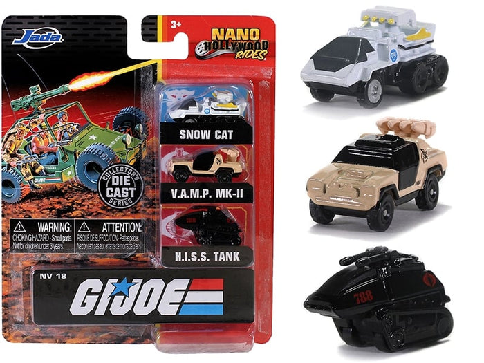 Jada 32083 G.I. Joe Nano Hollywood Rides three-piece set with Snow Cat, V.A.M.P. Mk-II and H.I.S.S. Tank; retail card shown.
