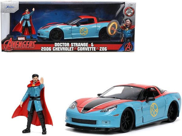 Blue and red 2006 Chevrolet Corvette Z06 with included Marvel character figure and window packaging, Jada 32115