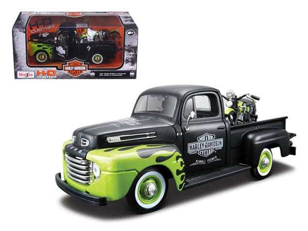 1948 Ford F-1 and 1948 Harley-Davidson FL Panhead set, black and green, Maisto 1:24