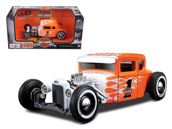 1929 Ford Model A number 1 Harley-Davidson, orange with white flames, Maisto 1:24