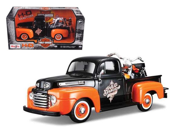 1948 Ford F-1 and 1958 Harley-Davidson FLH Duo Glide set, orange and black, Maisto 1:24