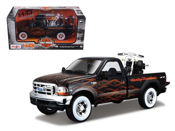 Maisto 1999 Ford F-350 black flames 2002 Harley-Davidson Night Train truck motorcycle set 32181BK, view 1