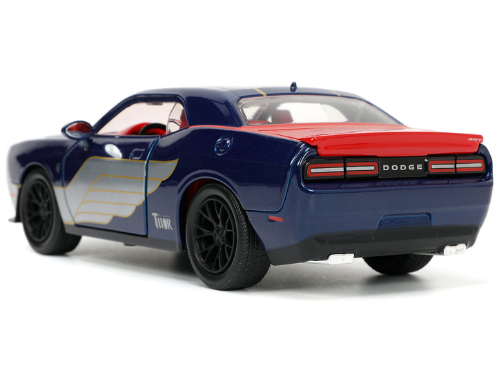 2015 Dodge Challenger SRT Hellcat Dark Blue with Graphics and Red Interior and Thor Diecast Figure "The Mighty Thor" "Marvel" Series 1/24 Diecast Model Car by Jada image 2
