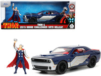 2015 Dodge Challenger SRT Hellcat Dark Blue with Graphics and Red Interior and Thor Diecast Figure "The Mighty Thor" "Marvel" Series 1/24 Diecast Model Car by Jada image 3