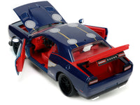 2015 Dodge Challenger SRT Hellcat Dark Blue with Graphics and Red Interior and Thor Diecast Figure "The Mighty Thor" "Marvel" Series 1/24 Diecast Model Car by Jada image 4