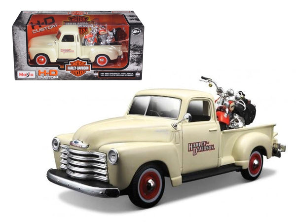 Maisto cream 1950 Chevrolet 3100 pickup and orange 2001 Harley-Davidson Heritage Springer set.