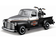 1950 Chevrolet 3100 Pickup Truck "Harley Davidson" Silver Metallic and Black with 1948 Harley Davidson FL Panhead Motorcycle Black "HD Custom" Series 1/24 Diecast Models by Maisto image 2