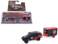 Black-and-red DiabloSport Jeep Wrangler and enclosed cargo trailer shown packaged and together, GreenLight 1:64 32330C.