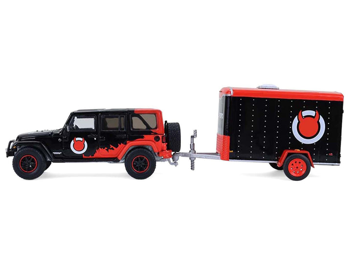 2012 Jeep Wrangler Unlimited "Diablo Sport" Black with Red Graphics and Small Cargo Trailer "Hitch & Tow" Series 33 1/64 Diecast Model Cars by Greenlight image 2