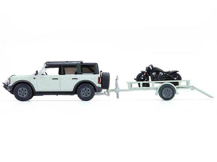 2021 Ford Bronco 4-Door Badlands Cactus Gray with Black Top and Motorcycle with Utility Trailer "Hitch & Tow" Series 33 1/64 Diecast Model Cars by Greenlight image 2