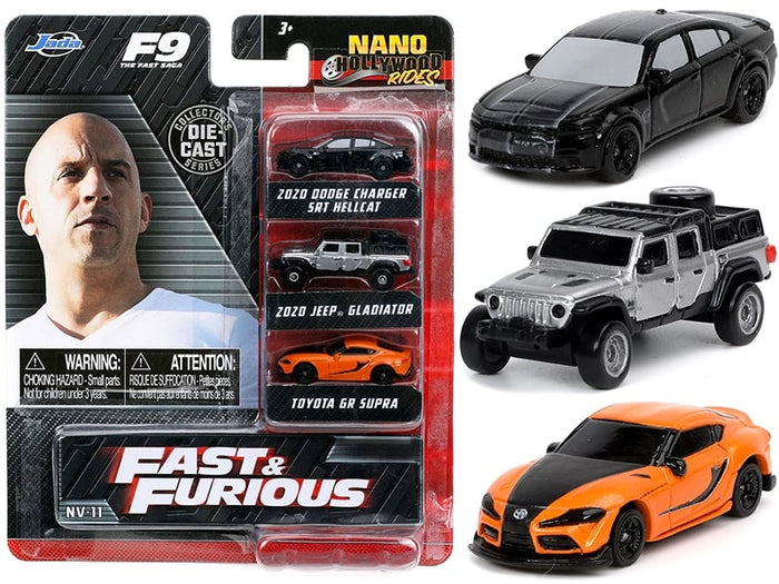 Jada 32481 Fast & Furious 9 Nano Hollywood Rides three-piece set, showing the packaged Dodge Charger, Jeep Gladiator, Toyota GR Supra, and individual car views