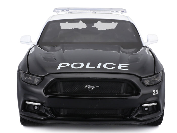 Black and white 2015 Ford Mustang GT police model, unboxed front view, Maisto Authority 1:24.