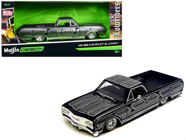Maisto 1:25 1965 Chevrolet El Camino lowrider in black metallic with silver graphics.