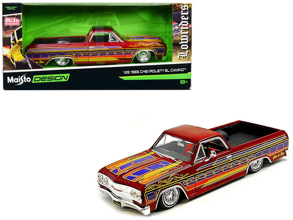 Maisto 1:25 1965 Chevrolet El Camino lowrider in candy red metallic with graphics.