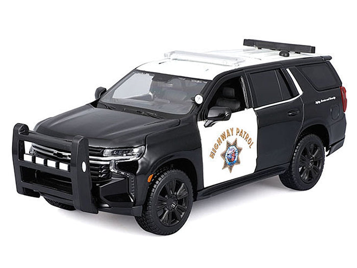 Black and white 2021 Chevrolet Tahoe California Highway Patrol model, unboxed three-quarter view, Maisto 1:26.