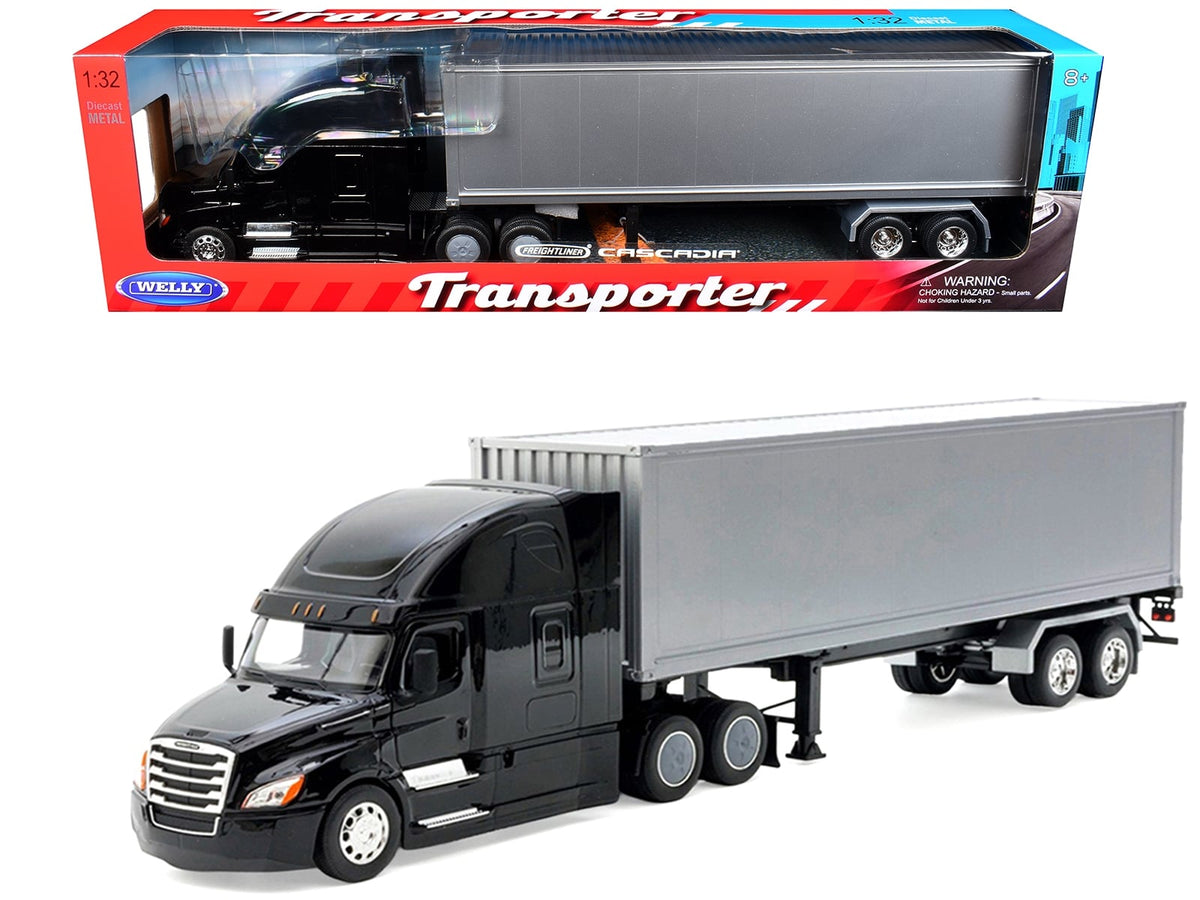 Freightliner Cascadia Truck Black with Silver Container "Transporter" Series 1/32 Diecast Model by Welly