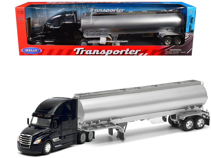 Freightliner Cascadia Truck Black with Silver Tanker Trailer "Transporter" Series 1/32 Diecast Model by Welly image 2