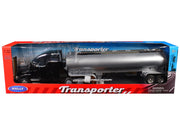 Freightliner Cascadia Truck Black with Silver Tanker Trailer "Transporter" Series 1/32 Diecast Model by Welly image 3