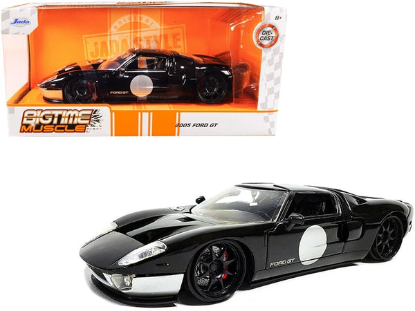 Black and silver 2005 Ford GT with round body graphics and Bigtime Muscle box, Jada 32705, 1:24