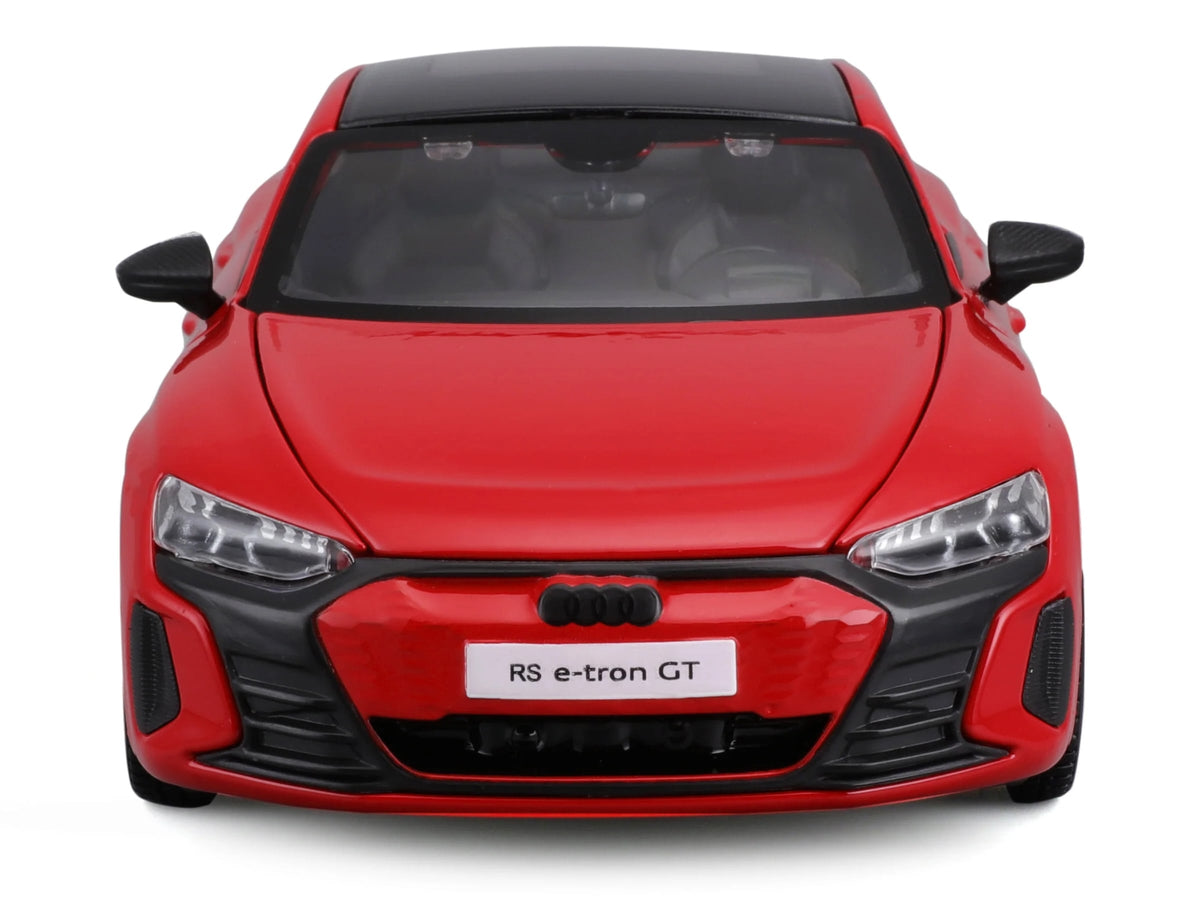 Red 2022 Audi RS e-tron GT with black roof, unboxed straight-on front view with doors closed, Maisto 1:25.