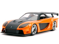 Orange and matte black Mazda RX-7 shown individually; one of the two cars in Jada 32910 Fast & Furious 1:32 set