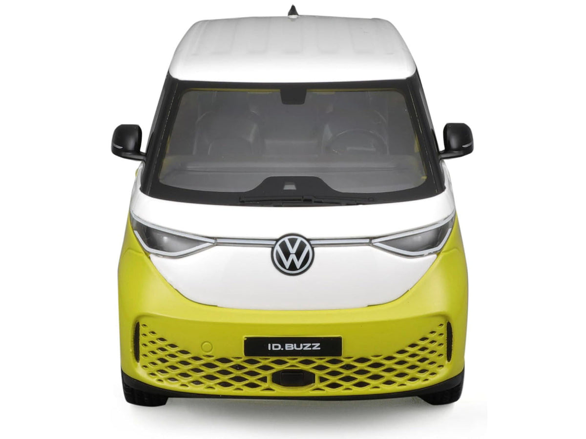 Yellow and white 2023 Volkswagen ID. Buzz van, unboxed straight-on front view, Maisto 1:24.