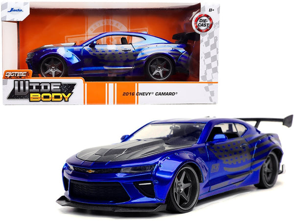 Jada 32993 candy blue 2016 Chevrolet Camaro Widebody with gray hood and American flag graphics, 1:24 diecast