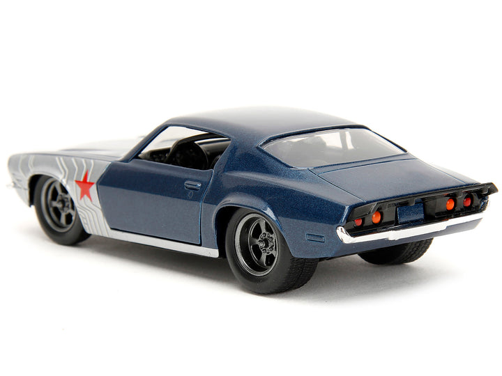 1973 Chevrolet Camaro Dark Blue Metallic with Gray Stripes and Winter Soldier Diecast Figure "Marvel Avengers" "Hollywood Rides" Series 1/32 Diecast Model Car by Jada image 2