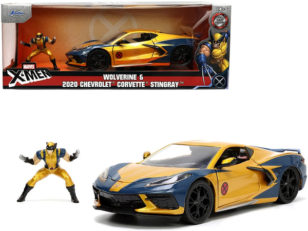 Jada 33354 gold and dark blue 2020 Corvette C8 Stingray with Wolverine figure, Marvel X-Men, 1:24 car