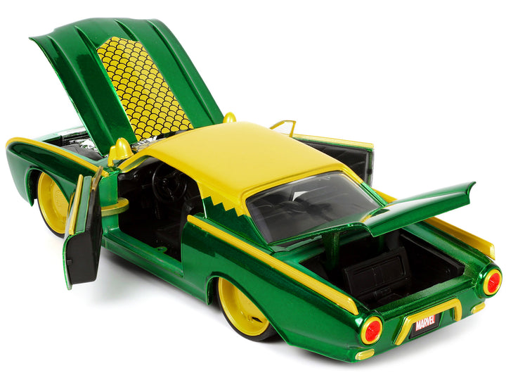 1963 Ford Thunderbird Green and Yellow Metallic with Hood Graphics and Loki Diecast Figure "Loki" "Marvel" Series 1/24 Diecast Model Car by Jada image 2