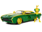 1963 Ford Thunderbird Green and Yellow Metallic with Hood Graphics and Loki Diecast Figure "Loki" "Marvel" Series 1/24 Diecast Model Car by Jada image 4