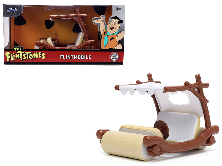 Jada 33383 Flintmobile 1:32 model with cream rollers, brown frame and white canopy, shown beside its Flintstones packaging