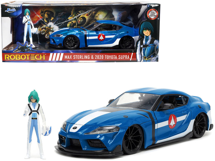 Blue 2020 Toyota Supra with included Max Sterling figure and Robotech box, complete set, Jada 33676, 1:24